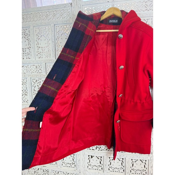 Vintage Fofeld Red Wool Plaid Drawstring Hooded Coat Womens XL-2X Retro Indie - Picture 5 of 8